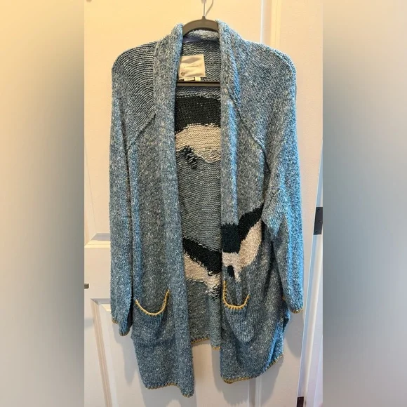 RARE Anthropologie Viral Blue Narwhal Knit Cardigan Sweater M/L - Picture 5 of 8